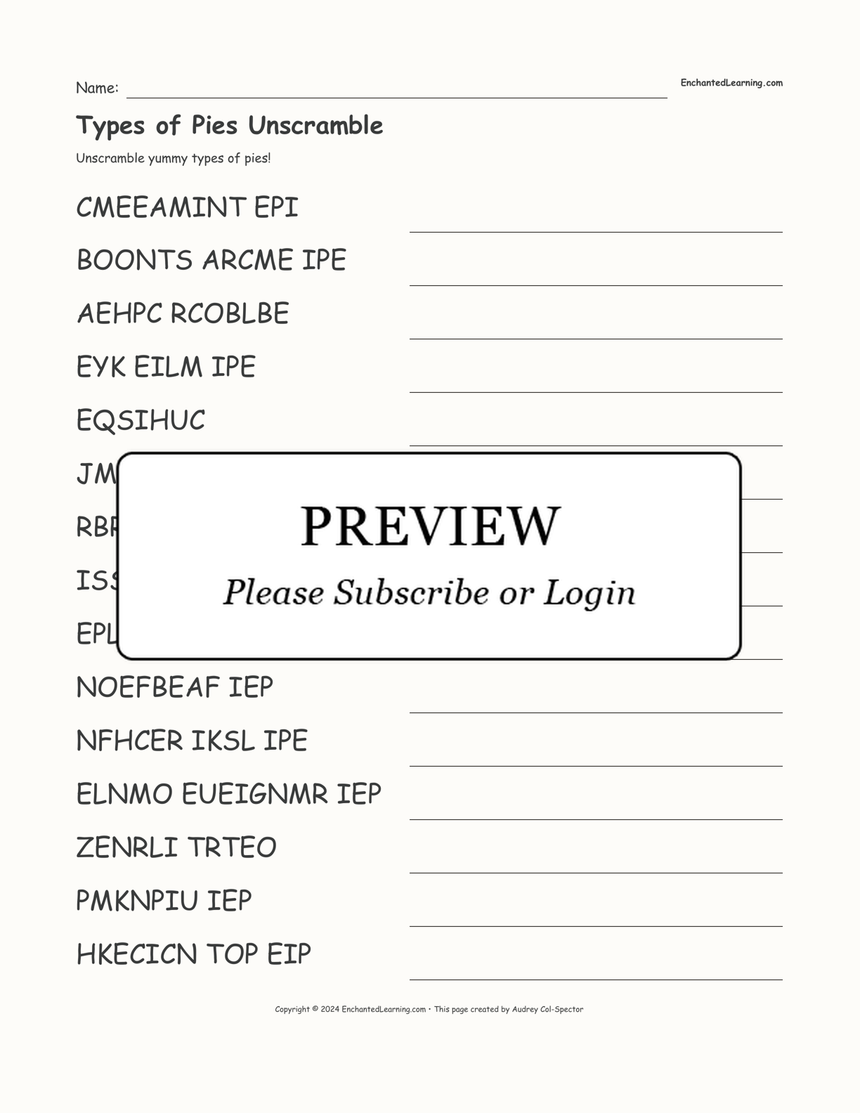 Types of Pies Unscramble interactive worksheet page 1