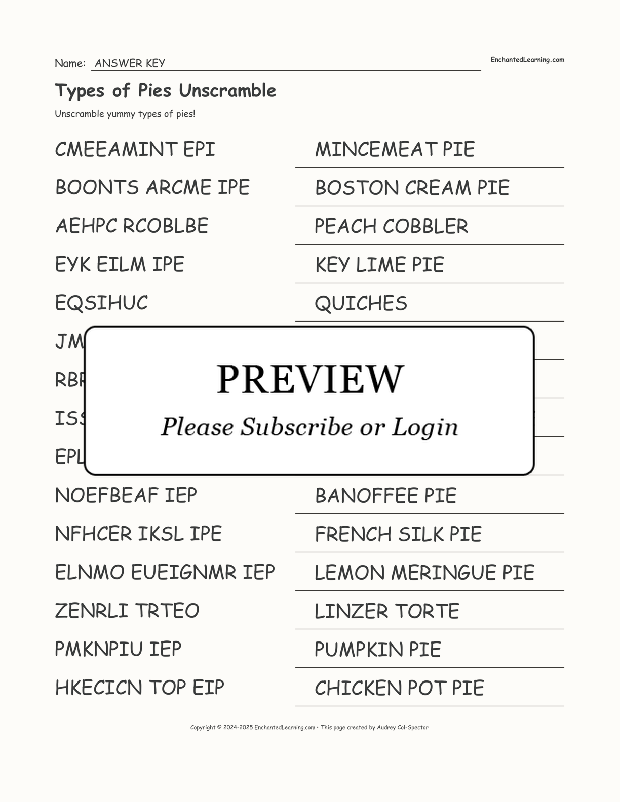 Types of Pies Unscramble interactive worksheet page 2