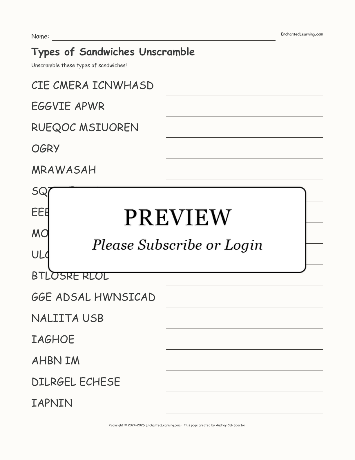 Types of Sandwiches Unscramble interactive worksheet page 1