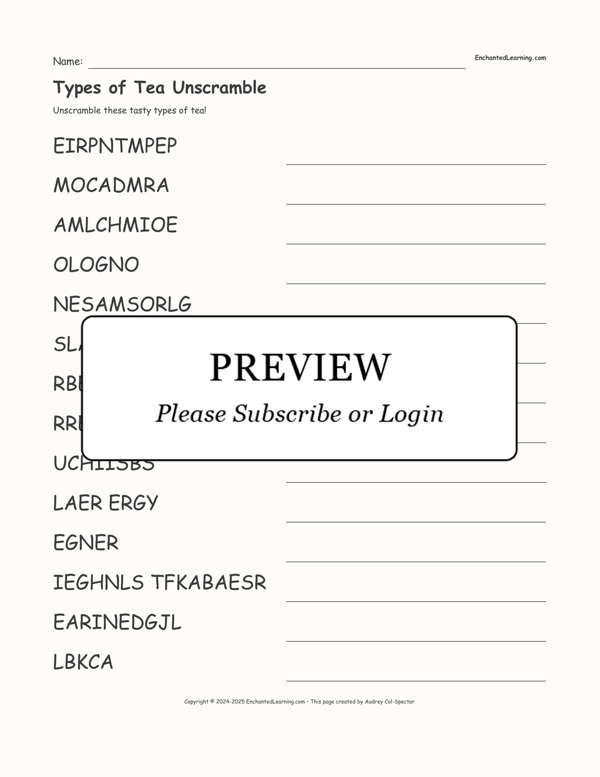 Types of Tea Unscramble interactive worksheet page 1