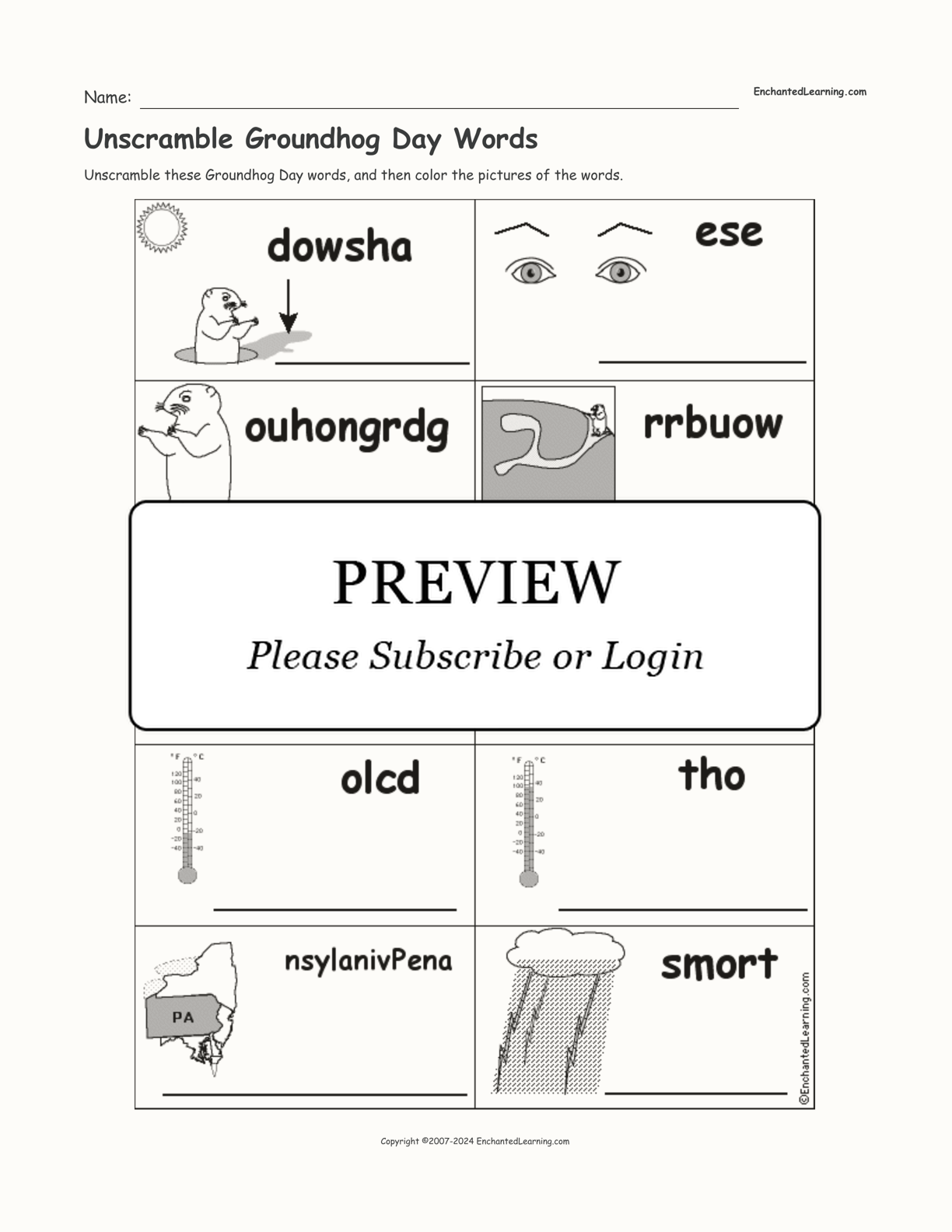 Unscramble Groundhog Day Words interactive worksheet page 1