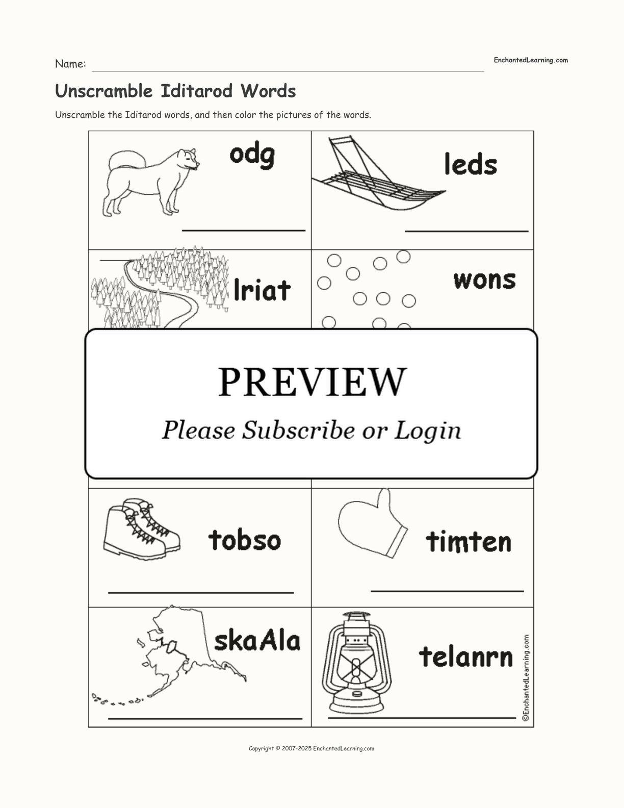 Unscramble Iditarod Words interactive worksheet page 1