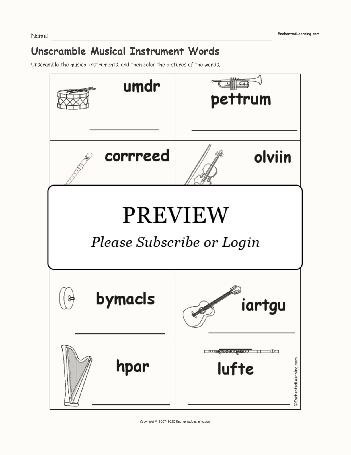 Unscramble Musical Instrument Words interactive worksheet page 1