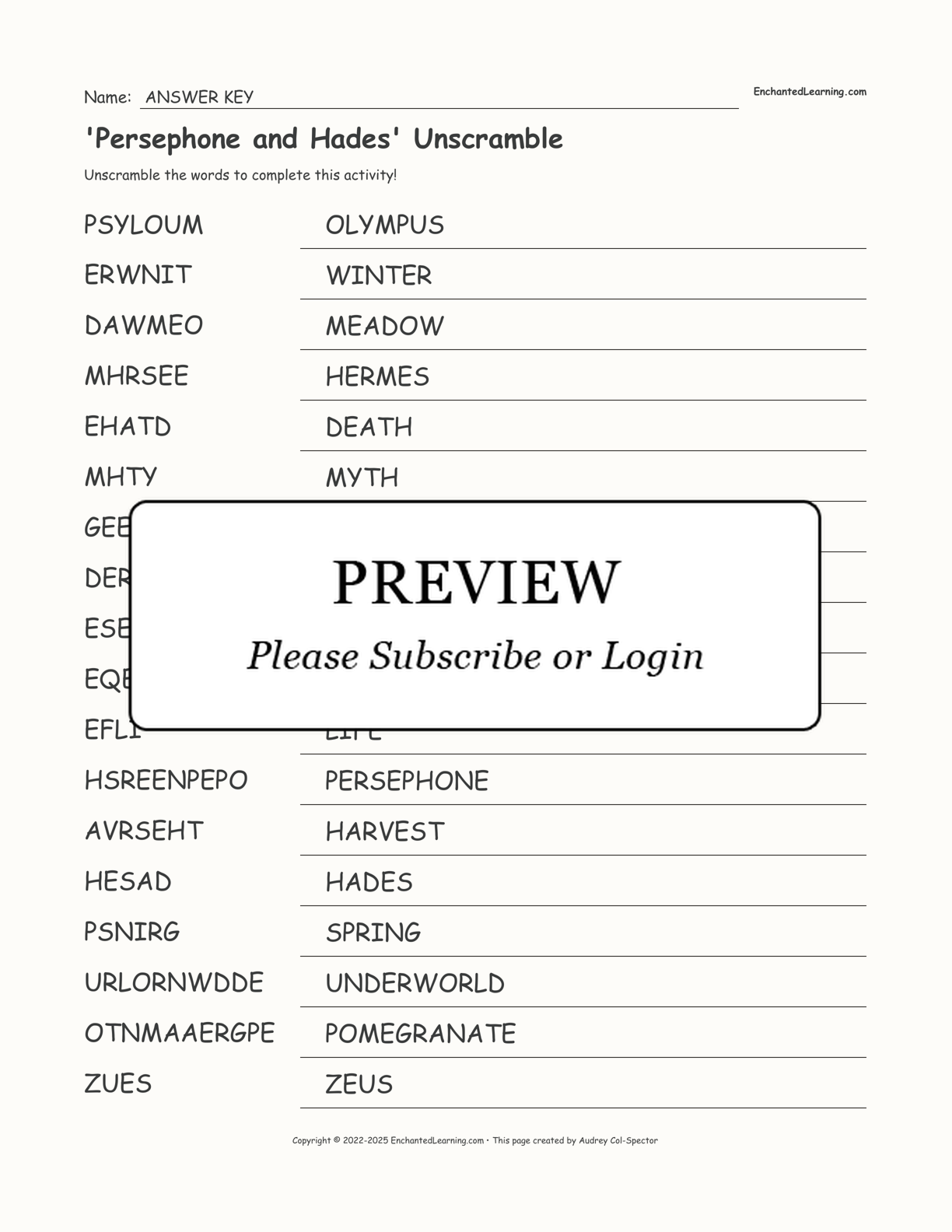 'Persephone and Hades' Unscramble interactive worksheet page 2