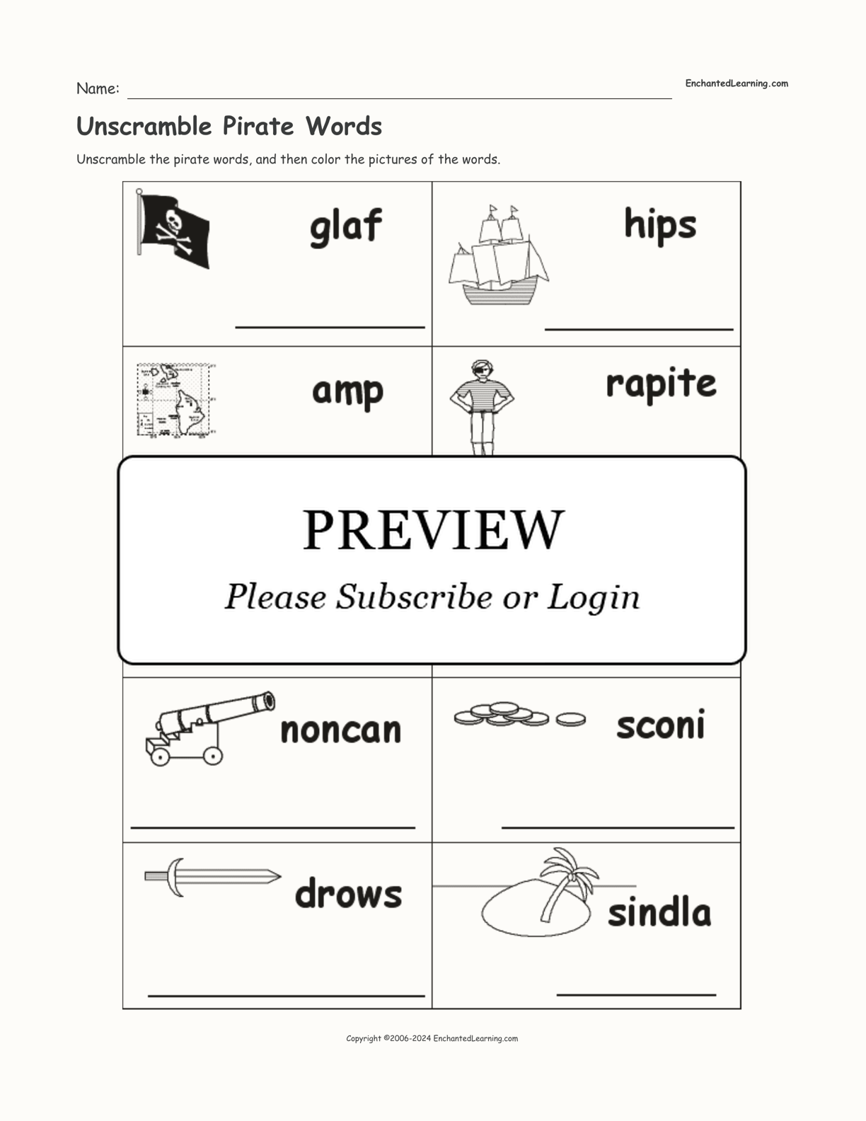 Unscramble Pirate Words interactive worksheet page 1