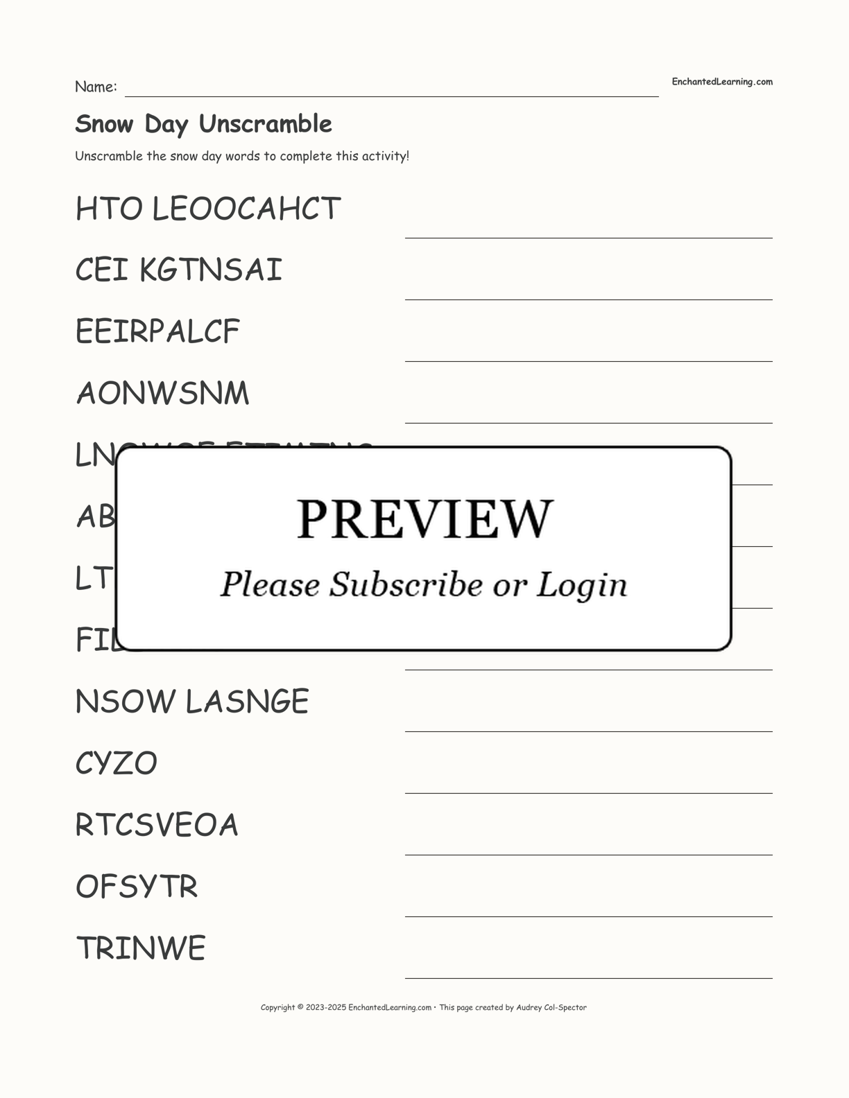 Snow Day Unscramble interactive worksheet page 1