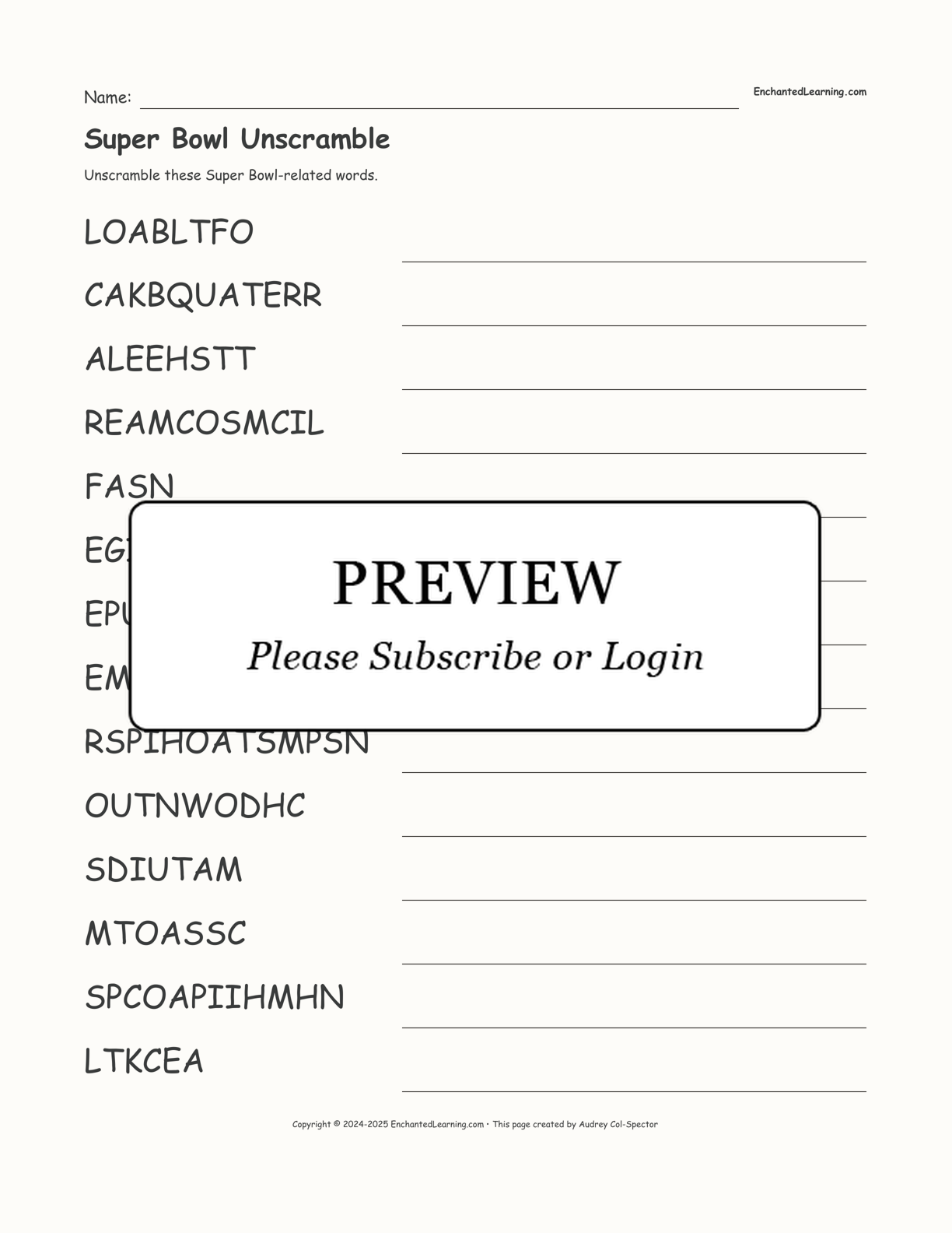 Super Bowl Unscramble interactive worksheet page 1