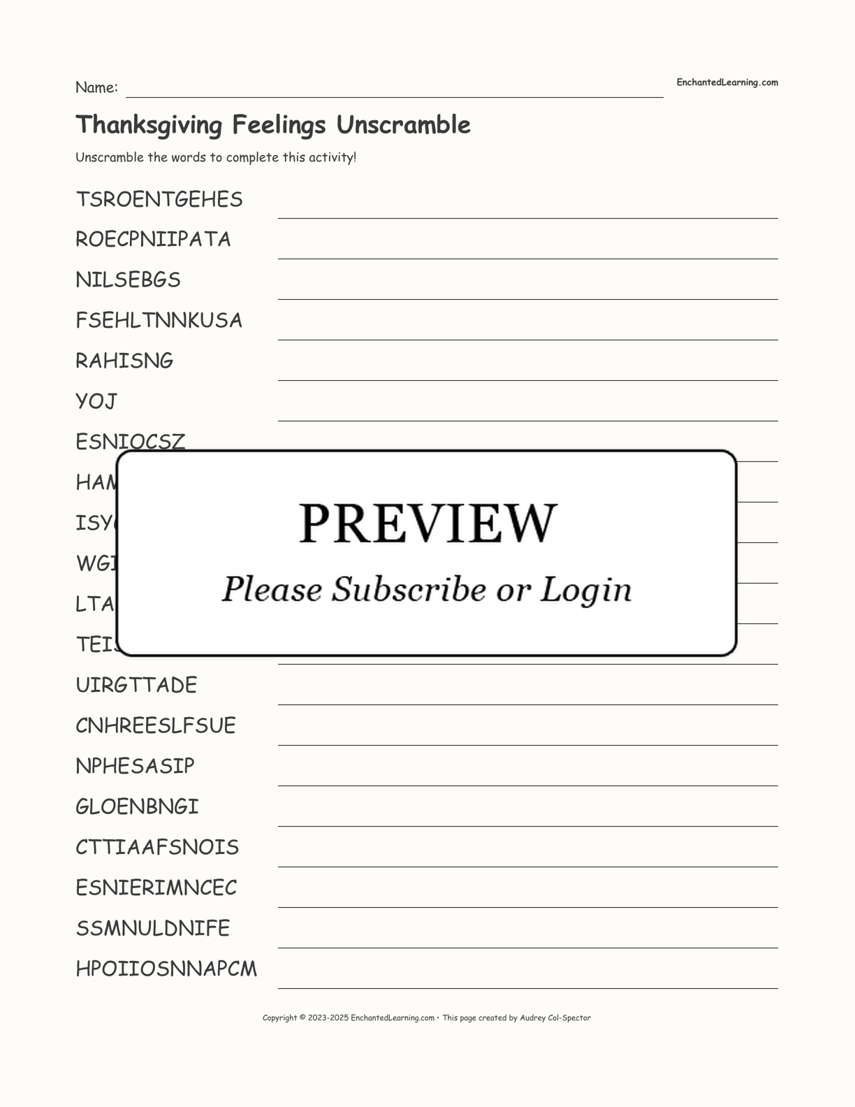 Thanksgiving Feelings Unscramble interactive worksheet page 1