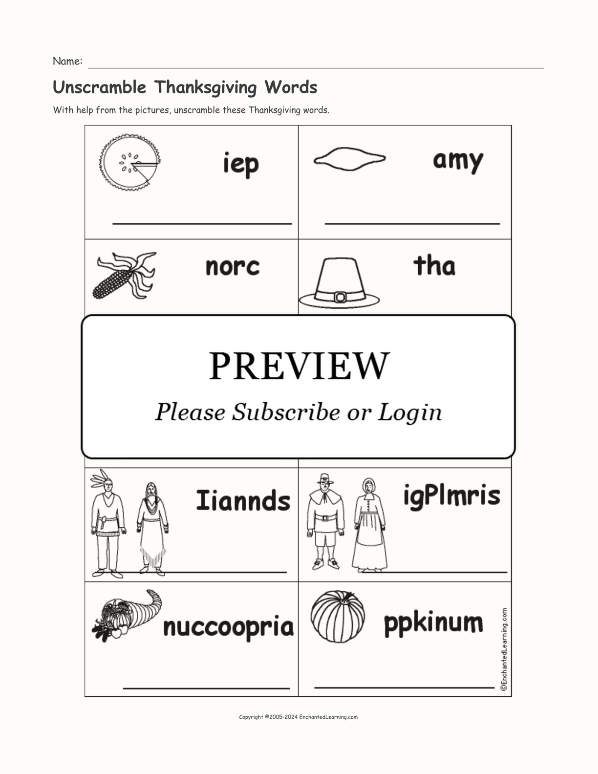 Unscramble Thanksgiving Words interactive worksheet page 1