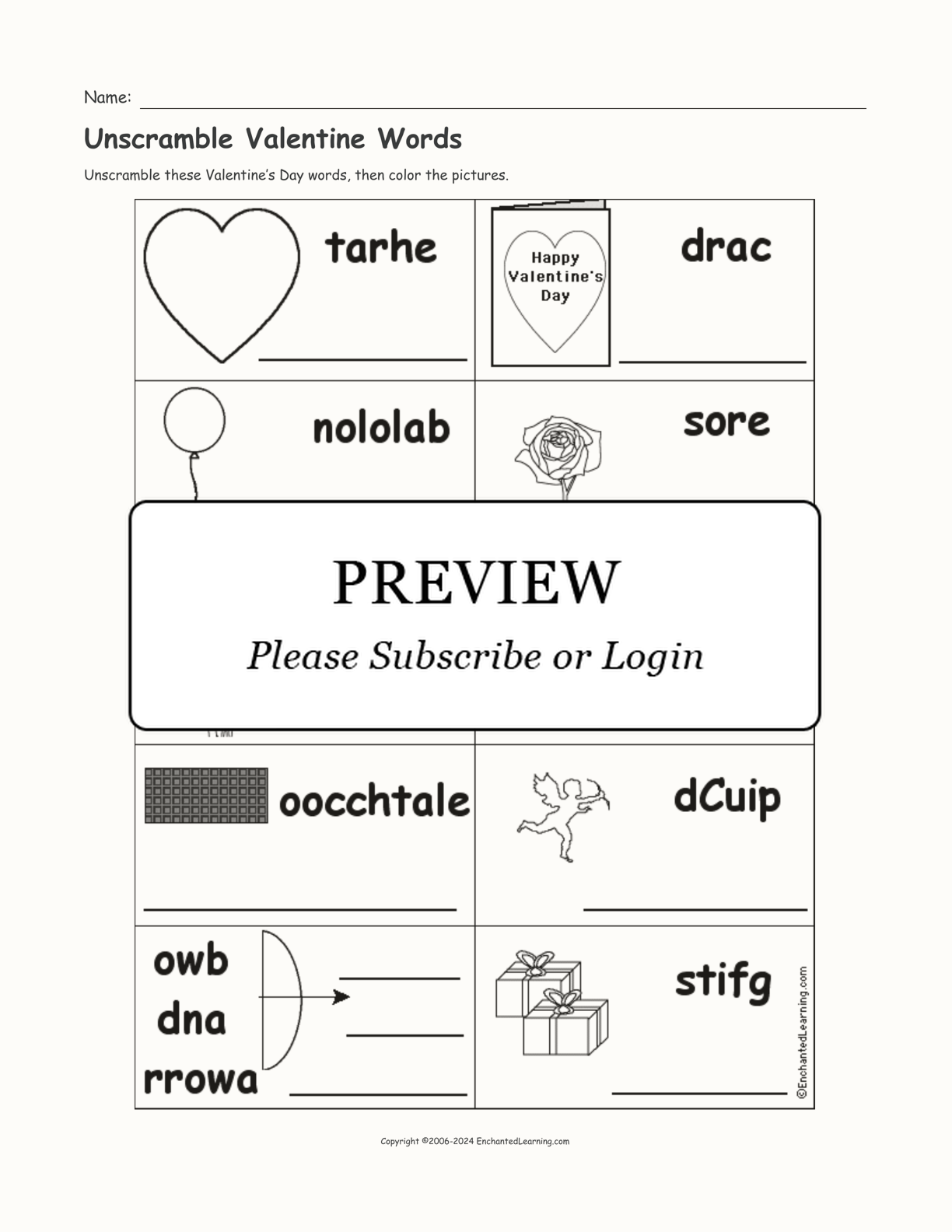 Unscramble Valentine Words interactive worksheet page 1