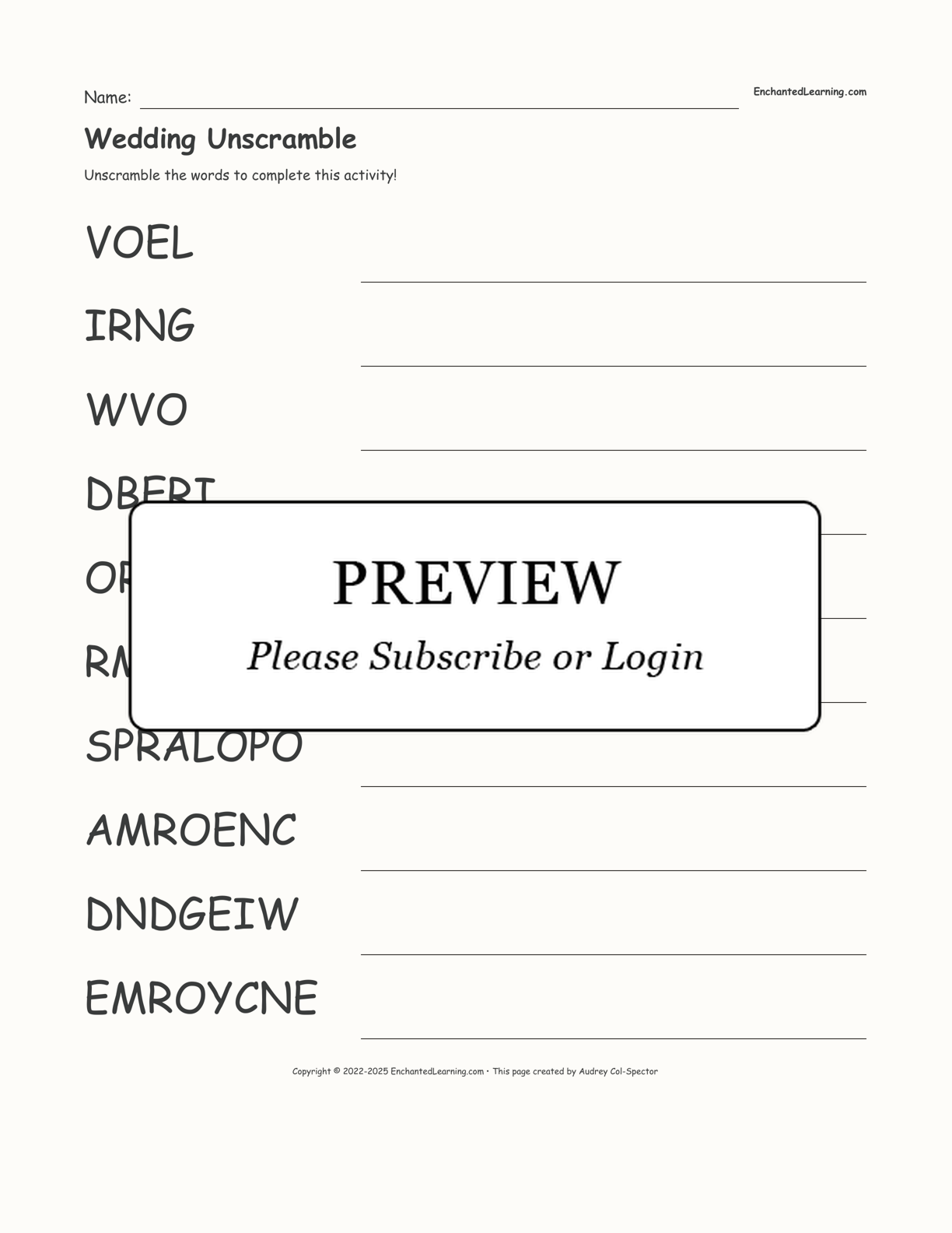 Wedding Unscramble interactive worksheet page 1