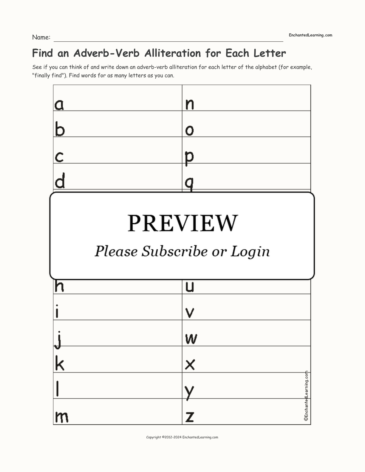 Find an Adverb-Verb Alliteration for Each Letter interactive worksheet page 1