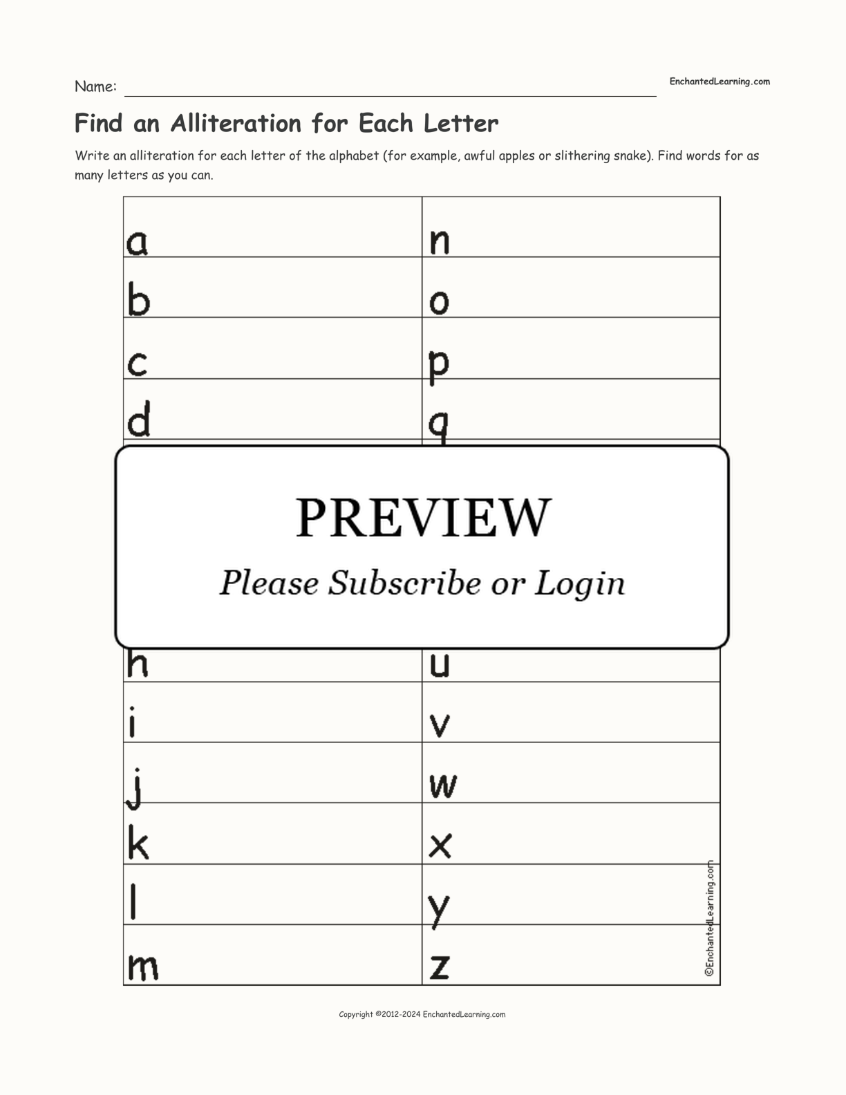 Find an Alliteration for Each Letter interactive worksheet page 1
