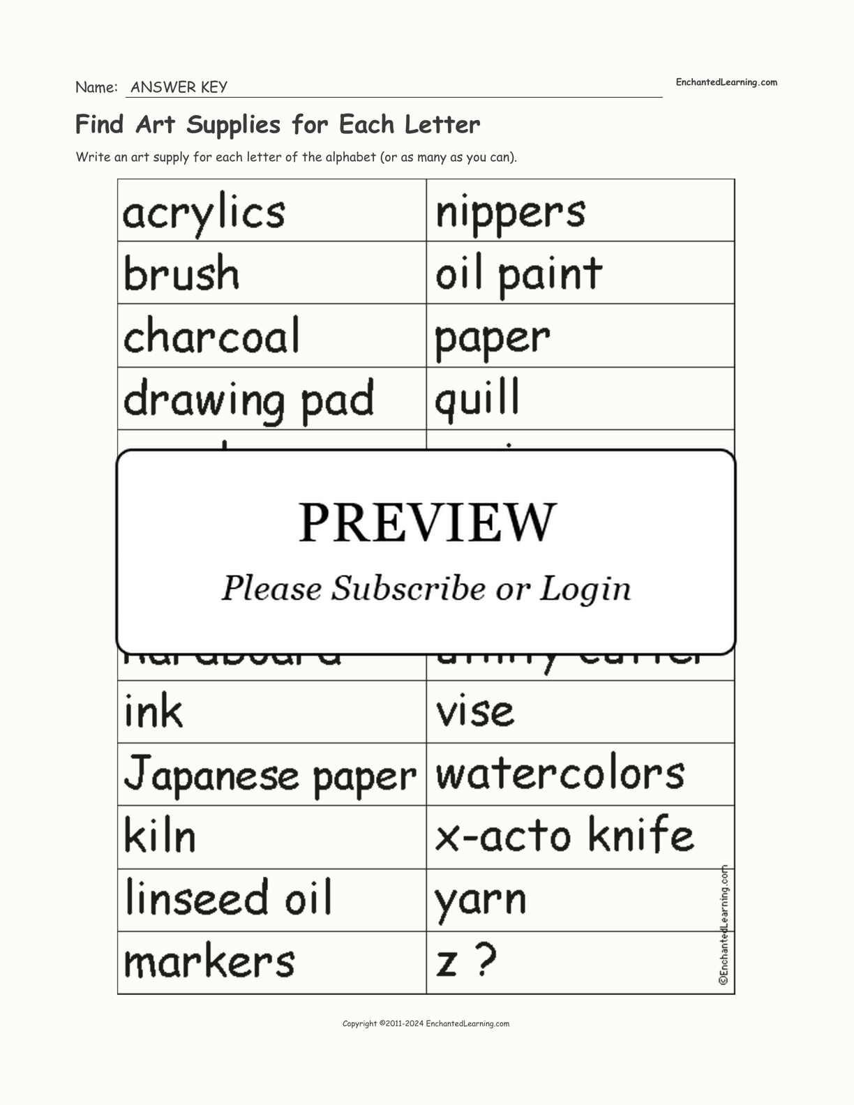 Find Art Supplies for Each Letter interactive worksheet page 2