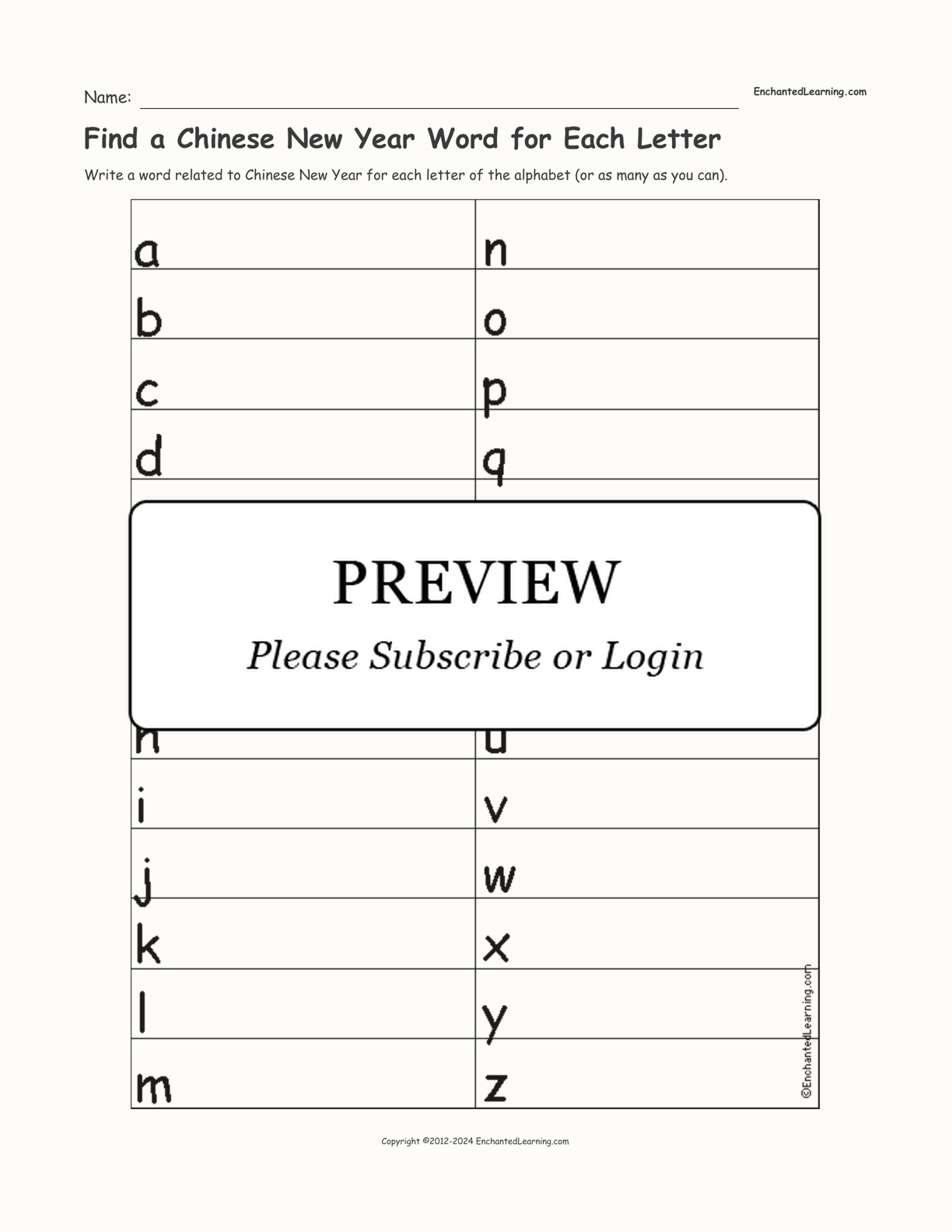 Find a Chinese New Year Word for Each Letter interactive worksheet page 1