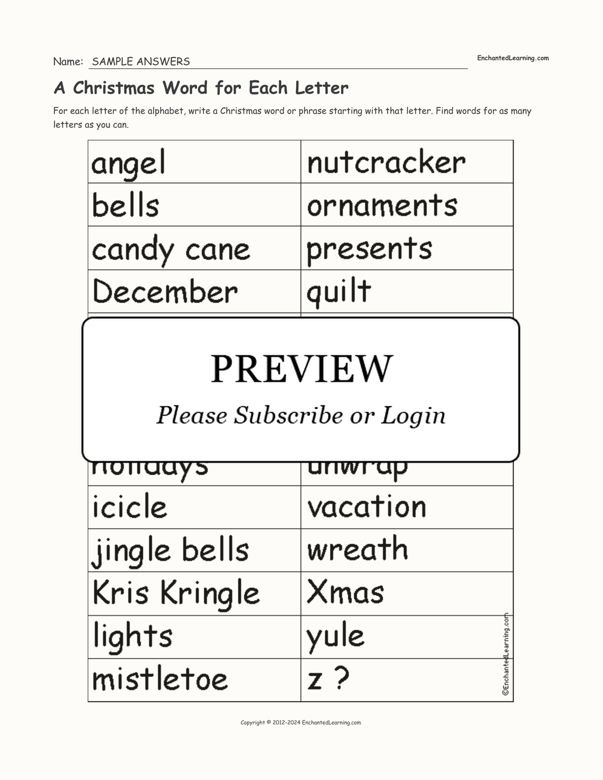 A Christmas Word For Each Letter Enchanted Learning