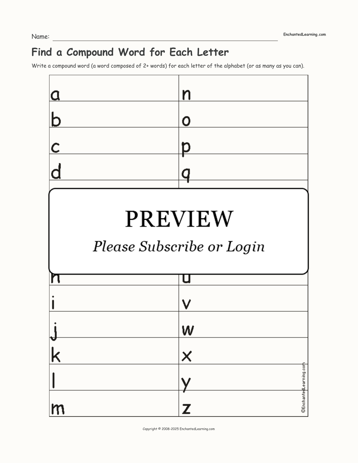 Find a Compound Word for Each Letter interactive worksheet page 1