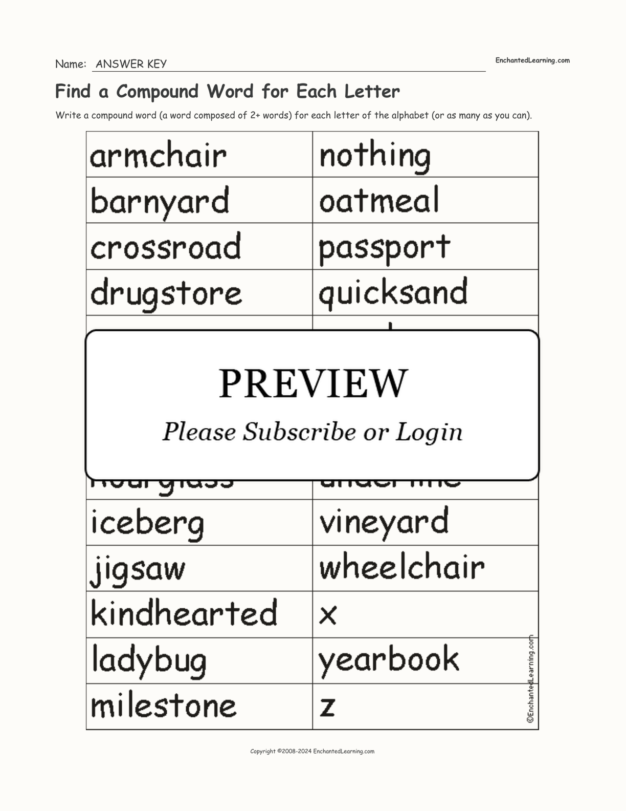 Find a Compound Word for Each Letter interactive worksheet page 2