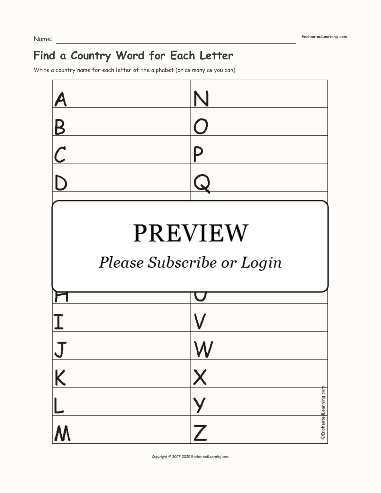 Find a Country Word for Each Letter interactive worksheet page 1