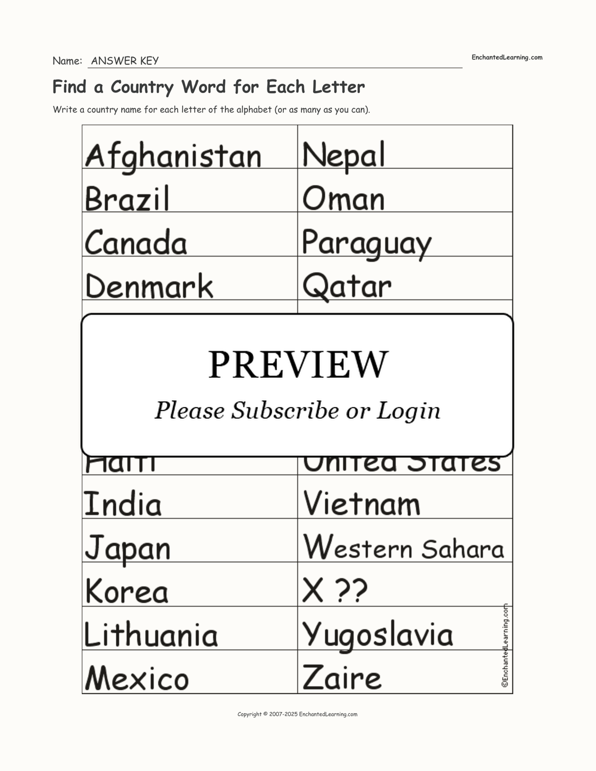 Find a Country Word for Each Letter interactive worksheet page 2