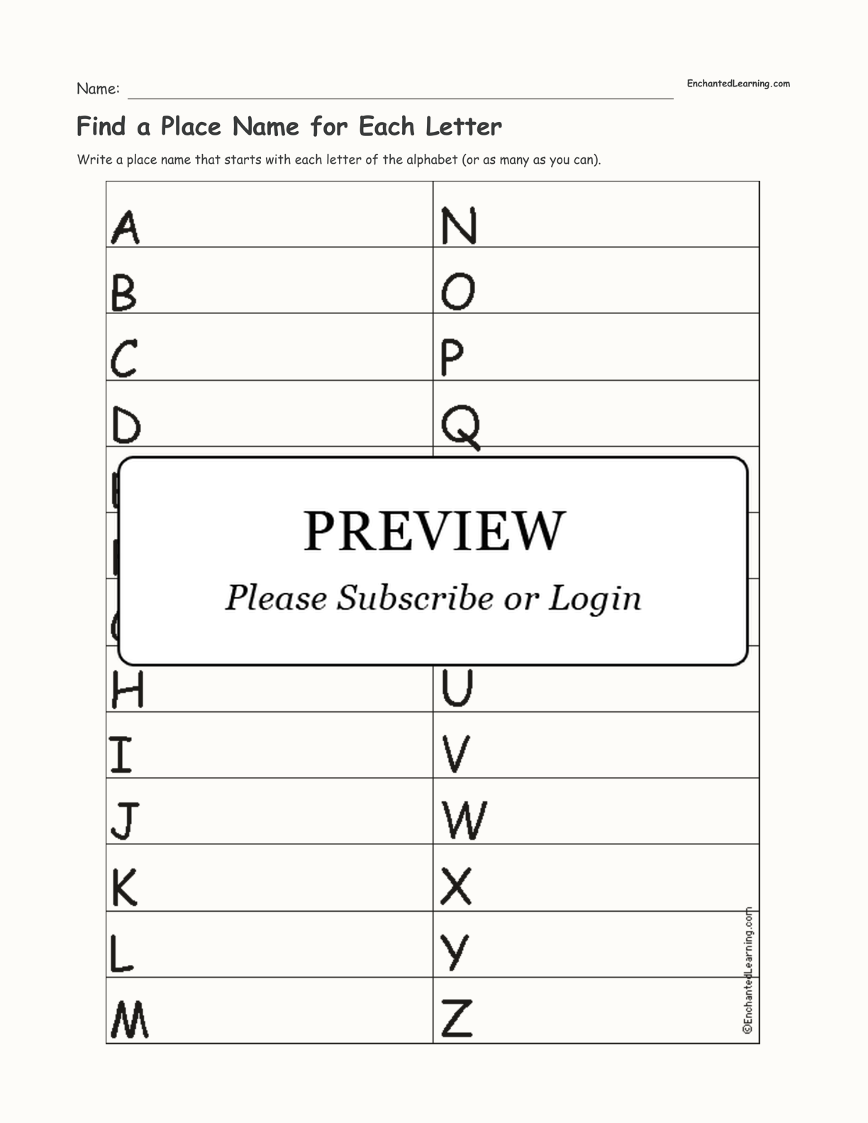 Find a Place Name for Each Letter interactive printout page 1