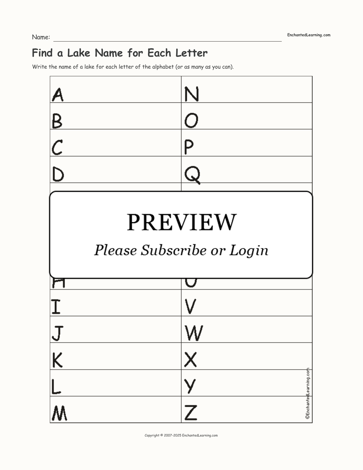 Find a Lake Name for Each Letter interactive worksheet page 1