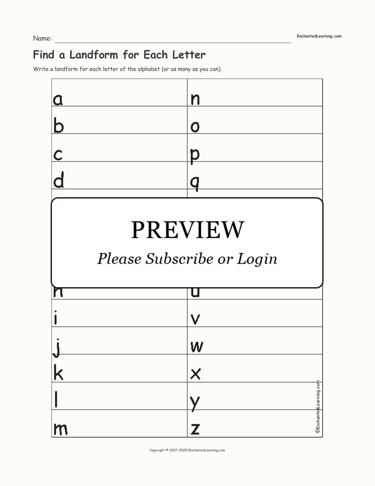 Find a Landform for Each Letter interactive worksheet page 1