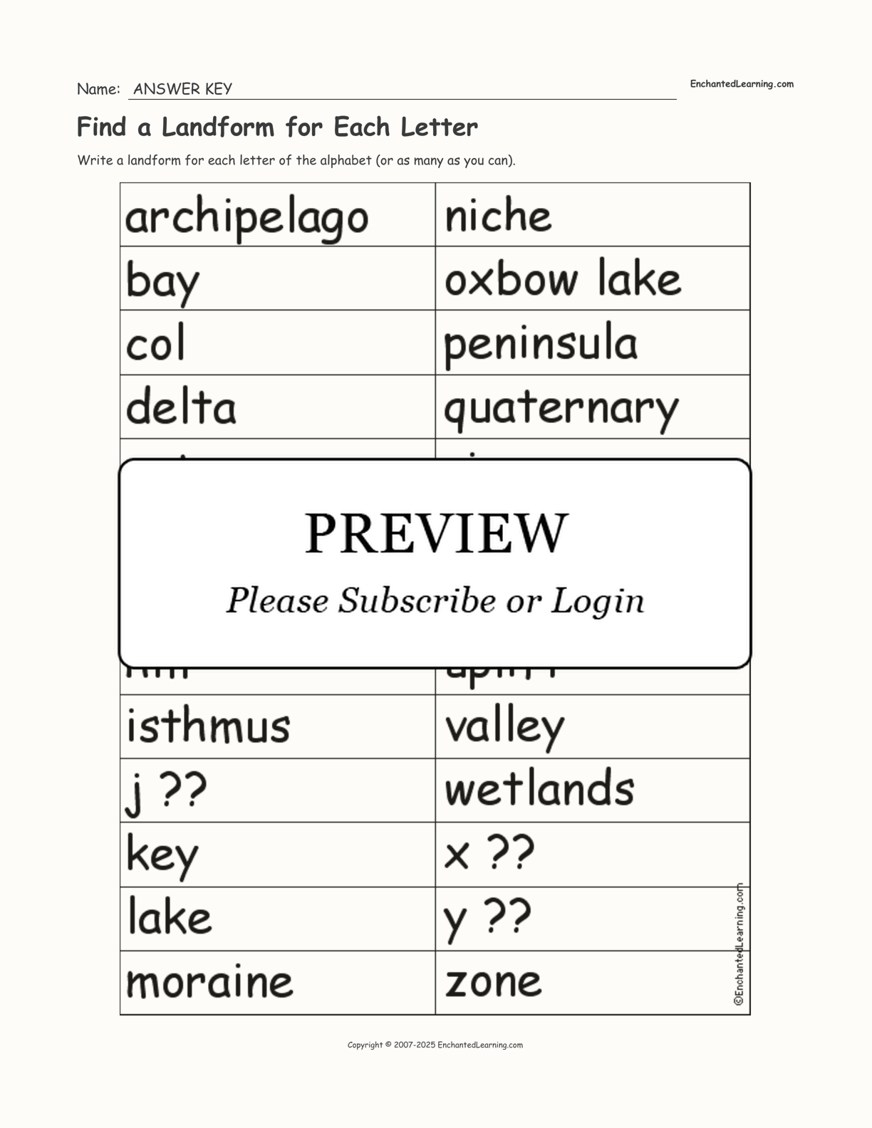 Find a Landform for Each Letter interactive worksheet page 2