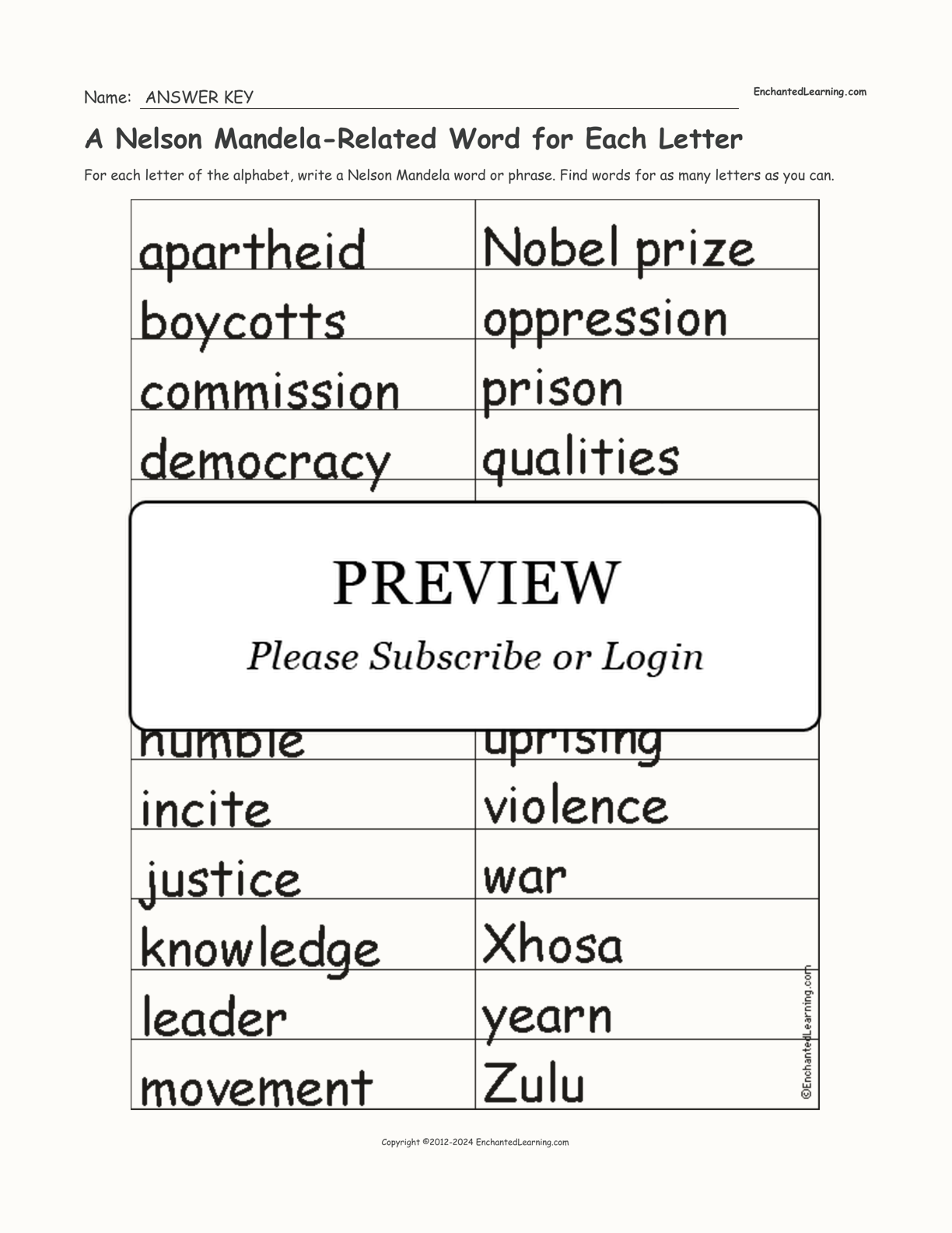 A Nelson Mandela-Related Word for Each Letter interactive worksheet page 2