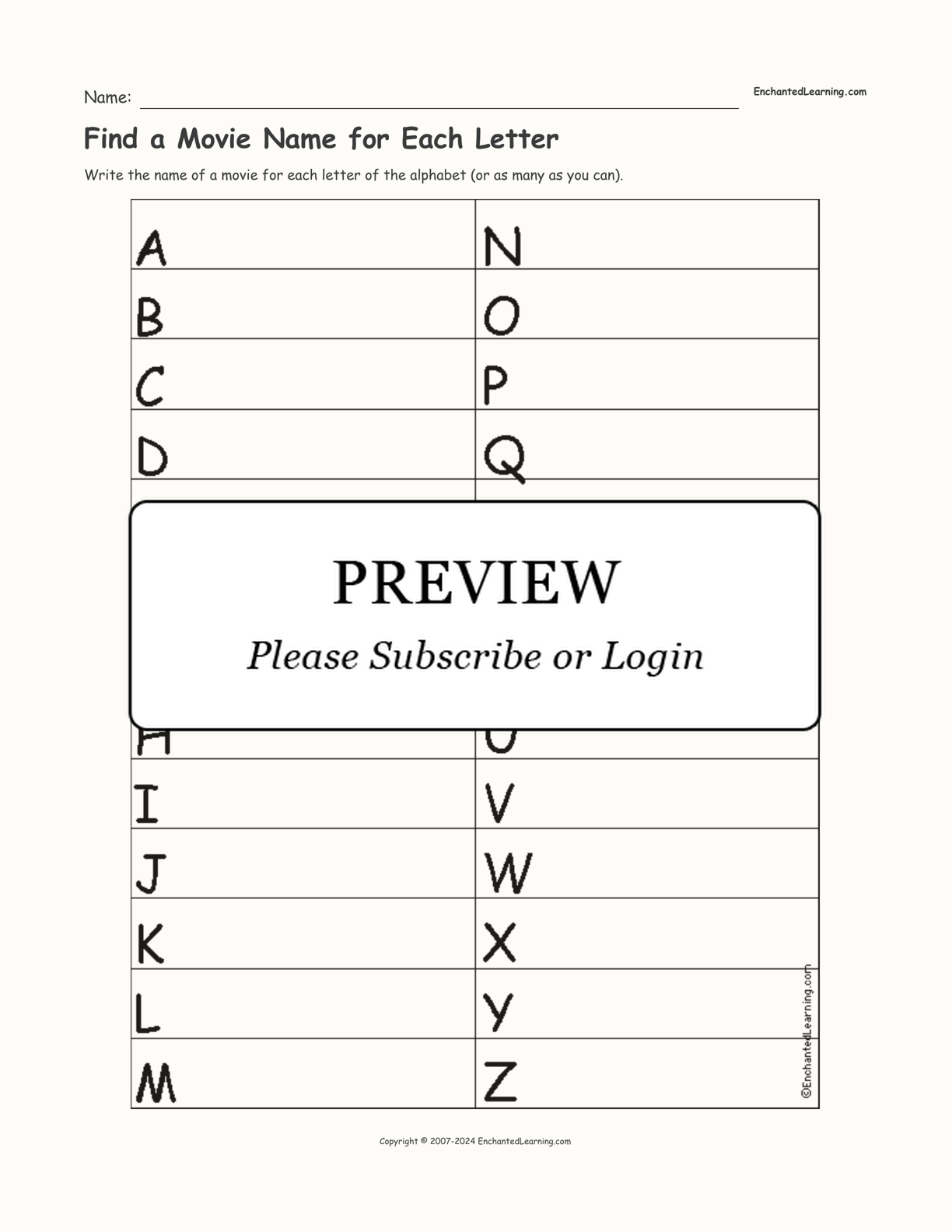 Find a Movie Name for Each Letter interactive worksheet page 1