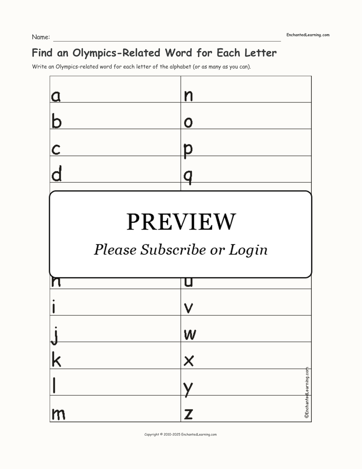 Find an Olympics-Related Word for Each Letter interactive worksheet page 1