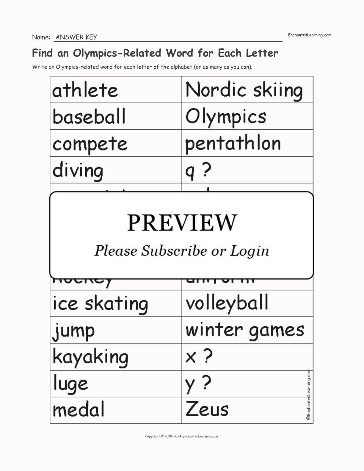 Find an Olympics-Related Word for Each Letter interactive worksheet page 2