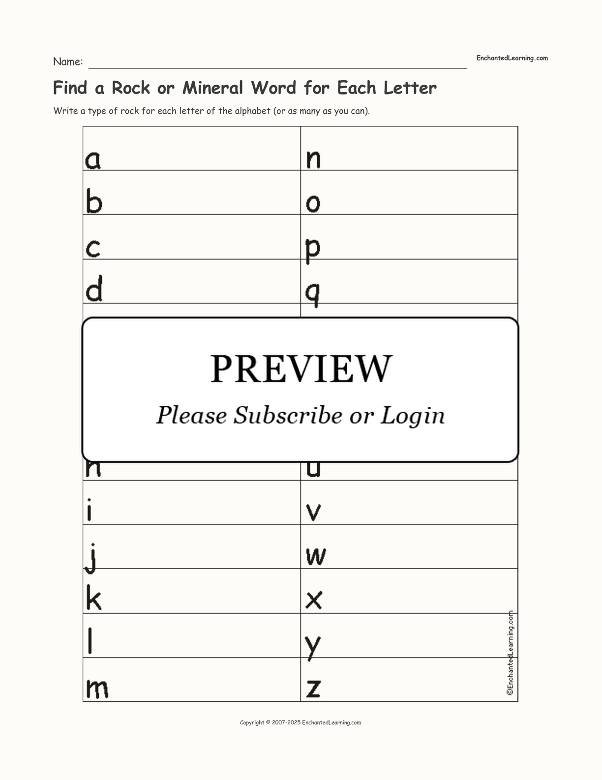 Find a Rock or Mineral Word for Each Letter interactive worksheet page 1