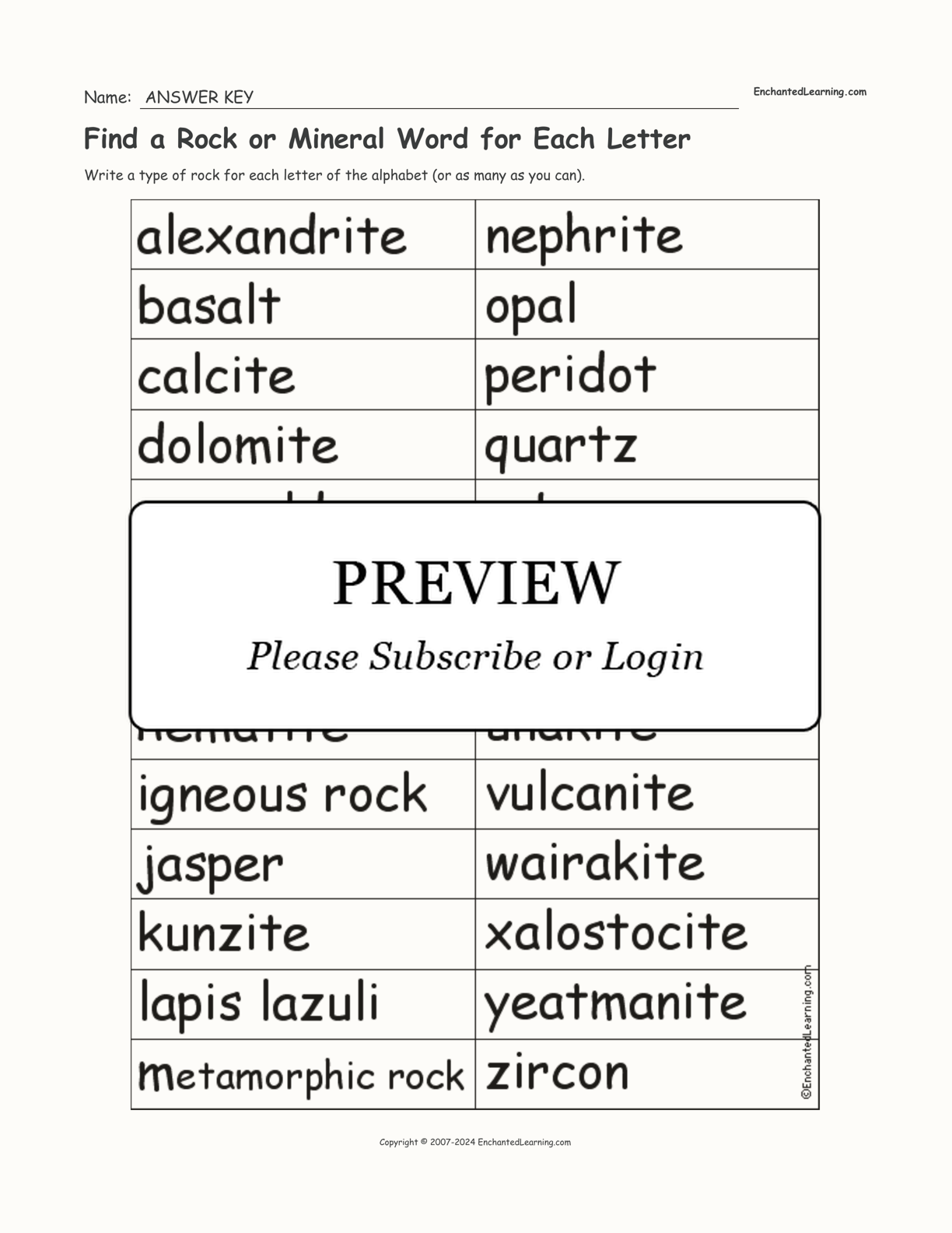 Find a Rock or Mineral Word for Each Letter interactive worksheet page 2