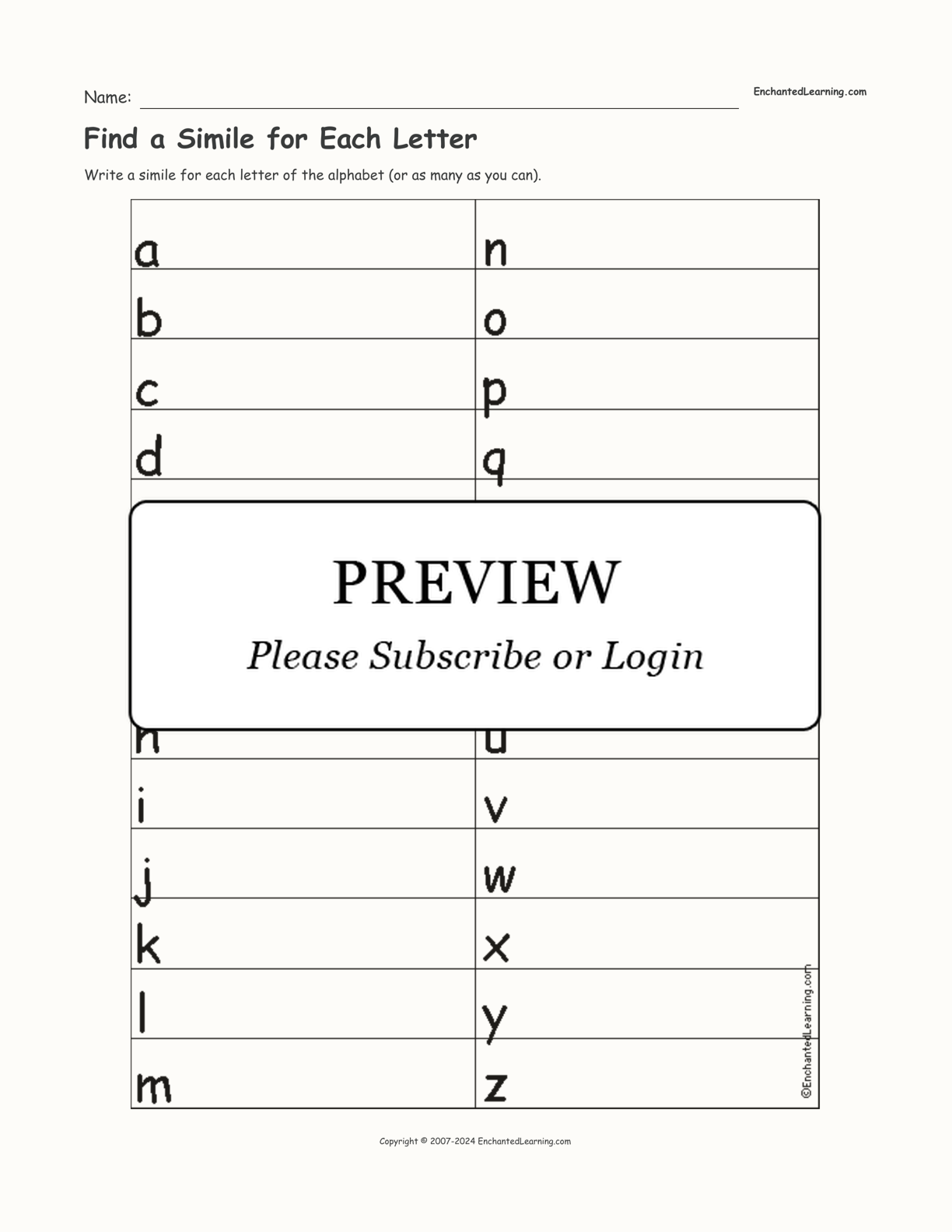 Find a Simile for Each Letter interactive worksheet page 1