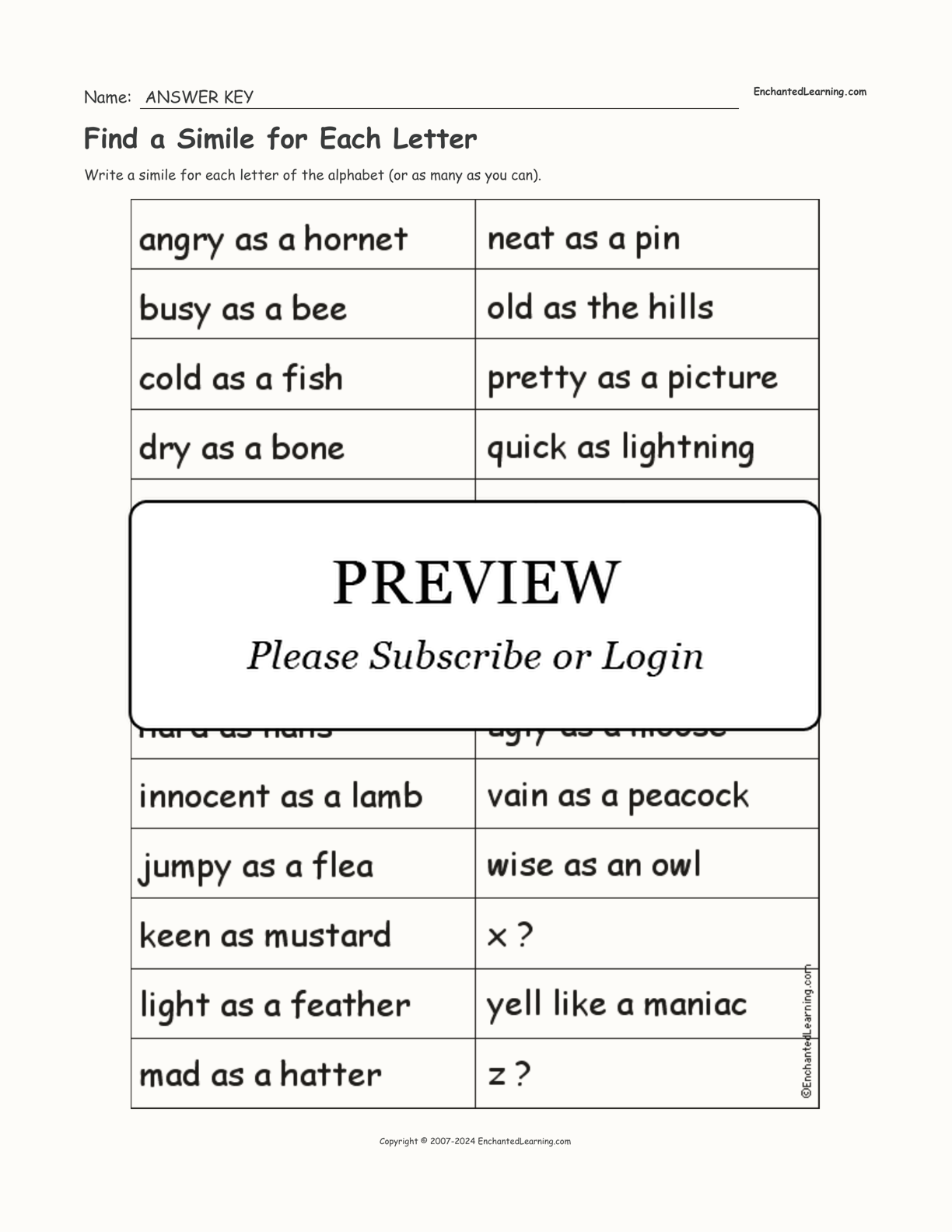 Find a Simile for Each Letter interactive worksheet page 2