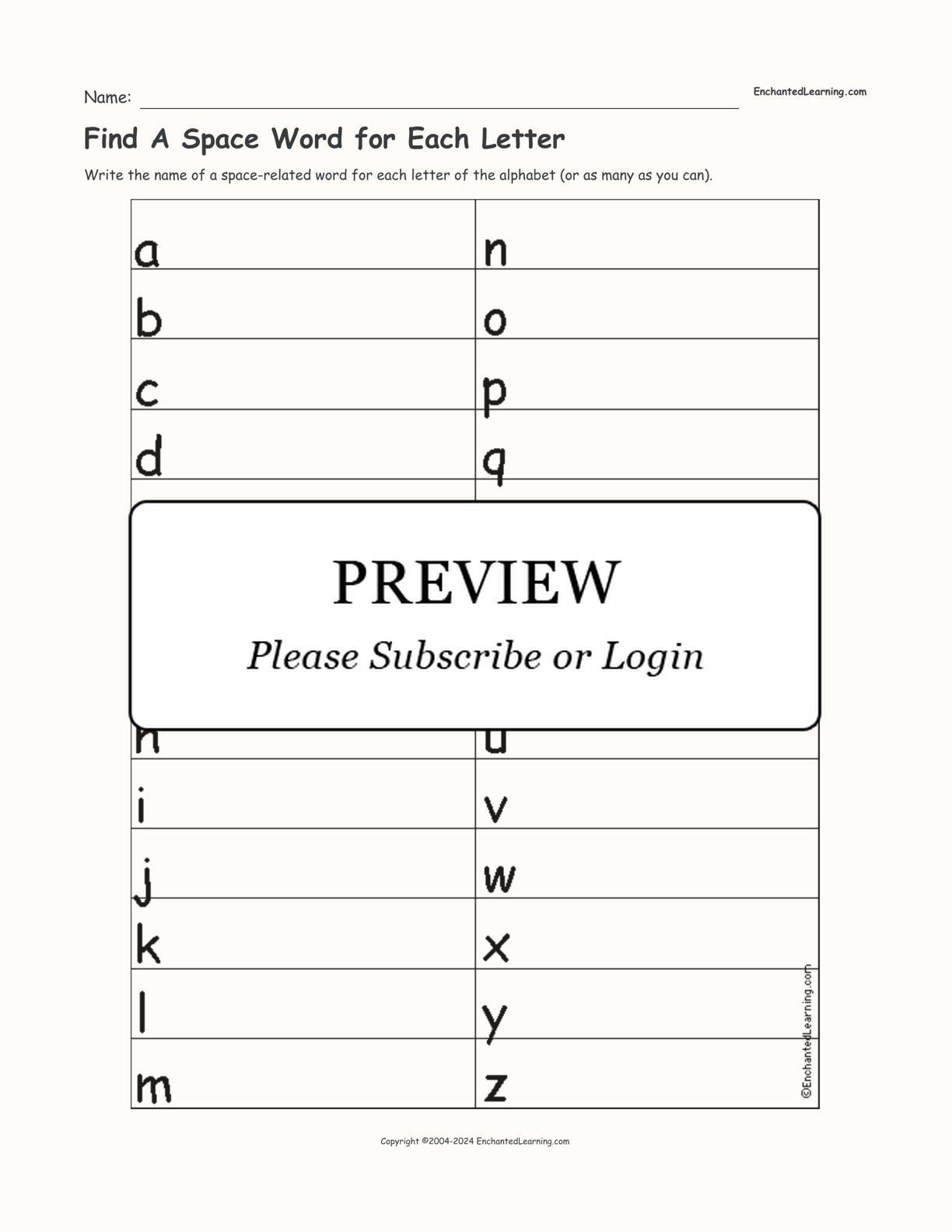 Find A Space Word for Each Letter interactive worksheet page 1