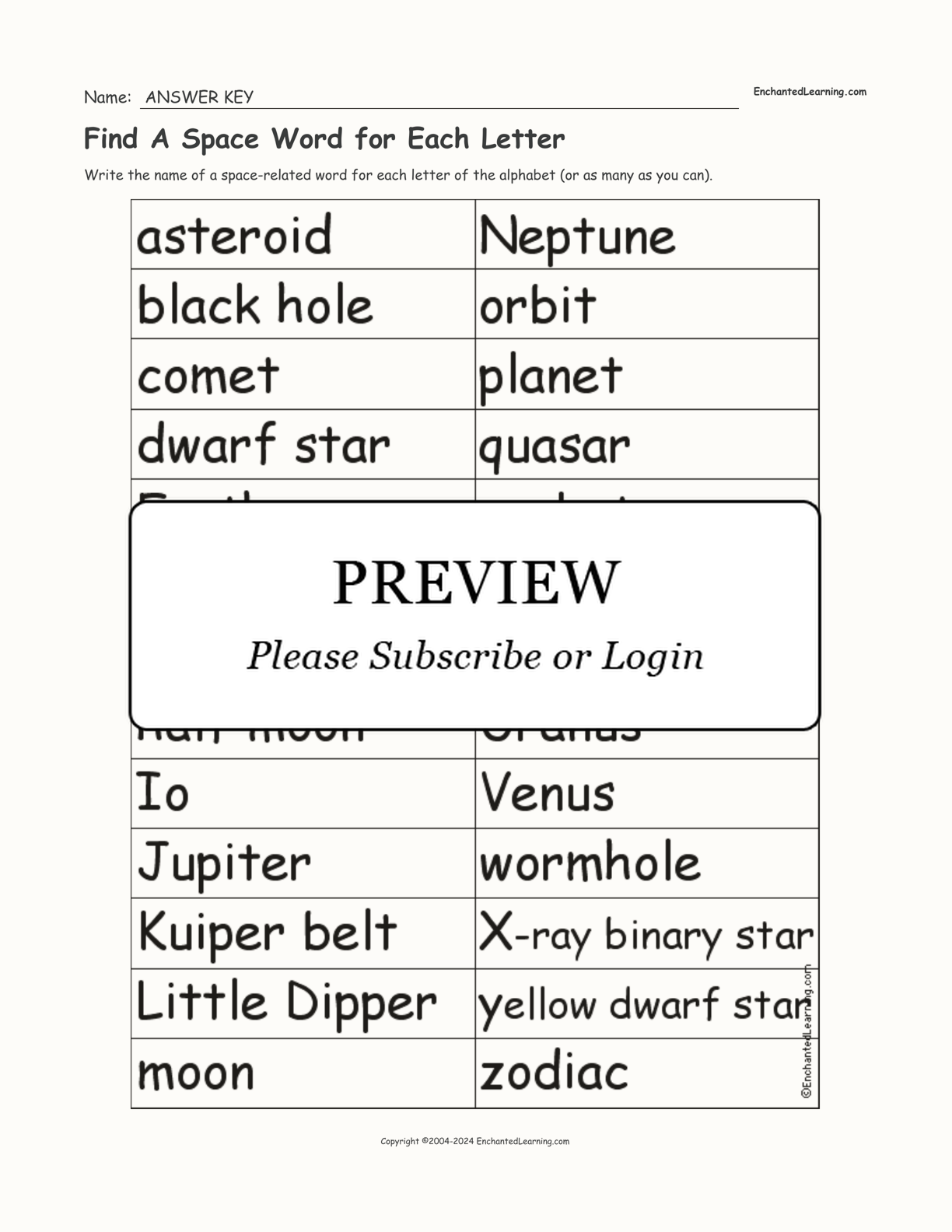 Find A Space Word for Each Letter interactive worksheet page 2