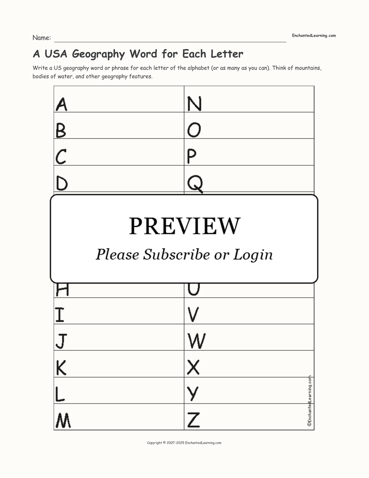 A USA Geography Word for Each Letter interactive worksheet page 1