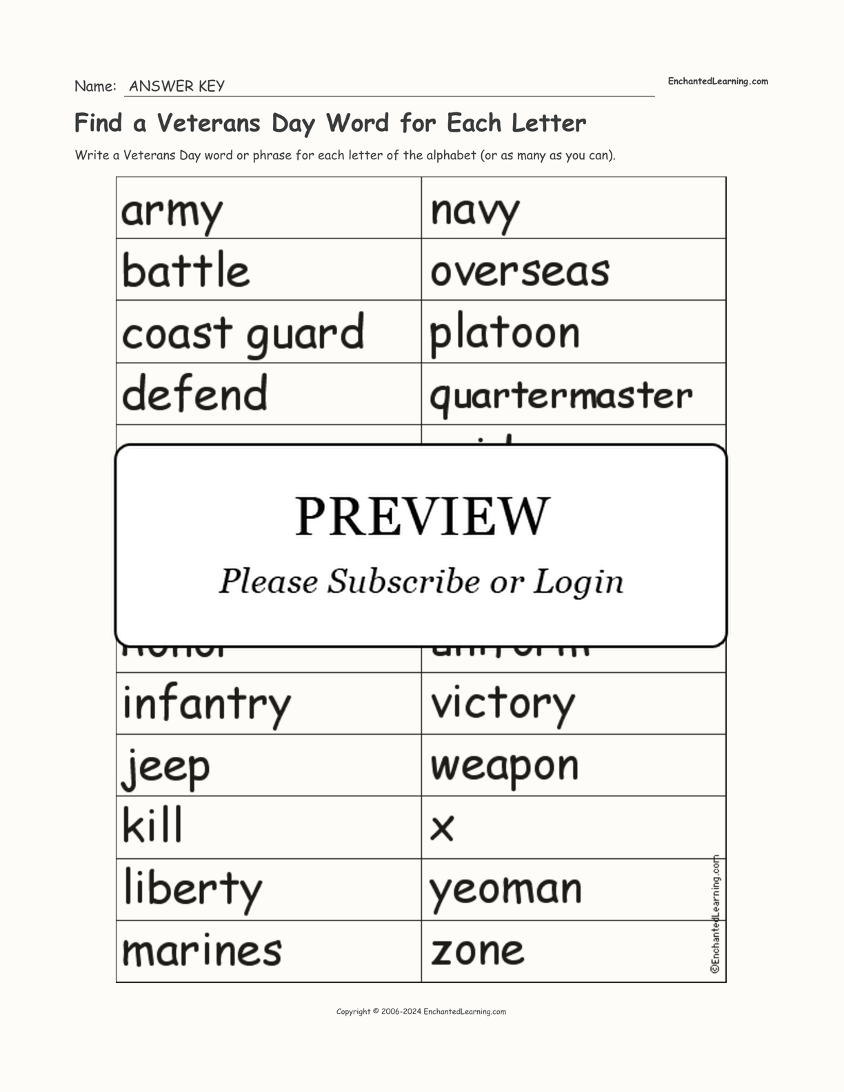 Find a Veterans Day Word for Each Letter interactive worksheet page 2