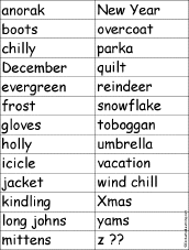 Spelling Worksheets: Winter K-3 Theme Page at EnchantedLearning.com