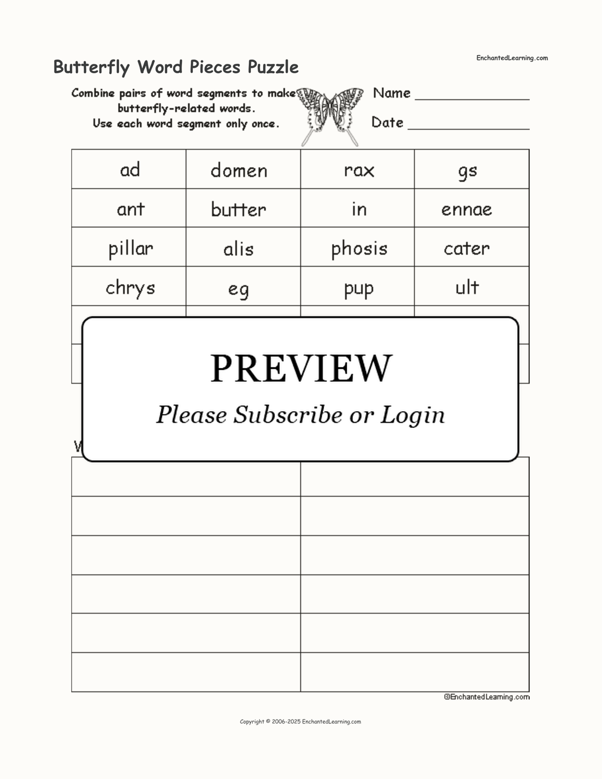 Butterfly Word Pieces Puzzle interactive worksheet page 1