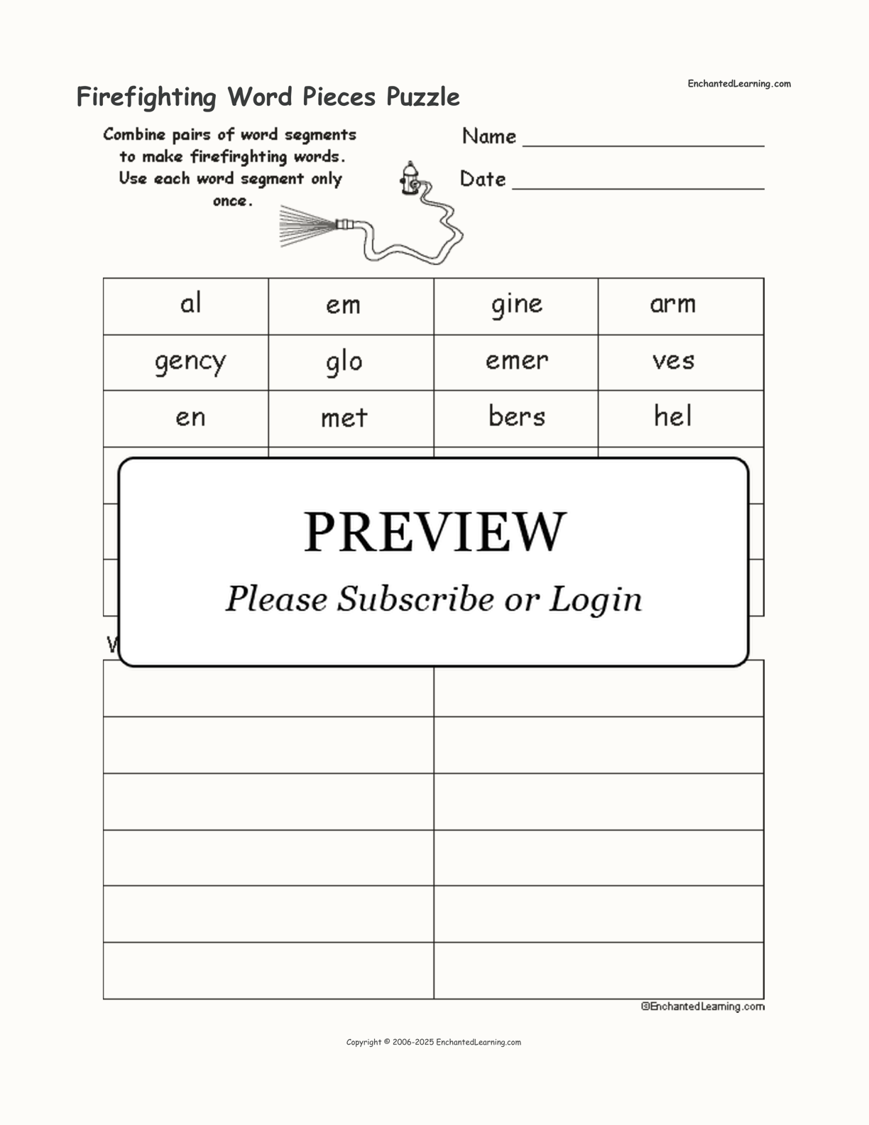 Firefighting Word Pieces Puzzle interactive worksheet page 1