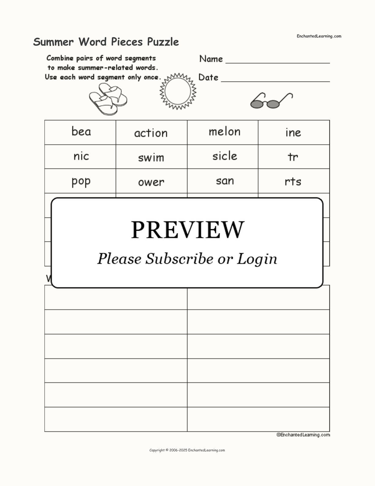 Summer Word Pieces Puzzle interactive worksheet page 1