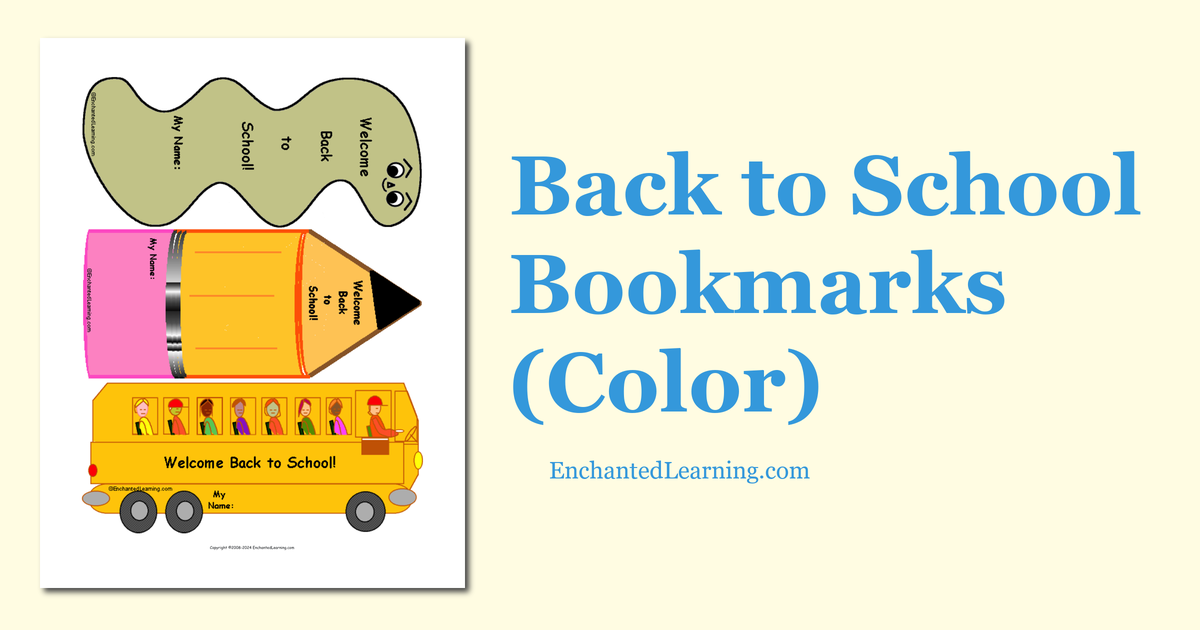 Back to School Bookmarks (Color) - Enchanted Learning