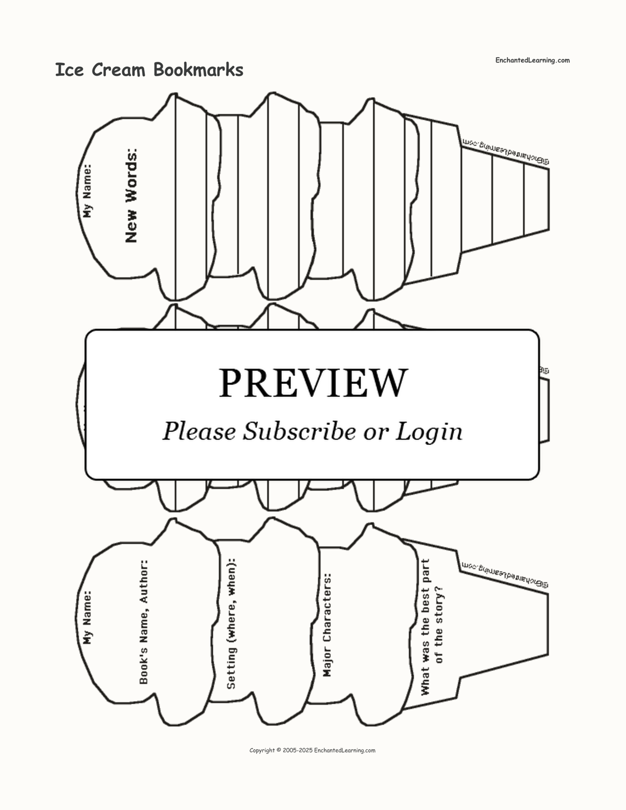 Ice Cream Bookmarks interactive printout page 1