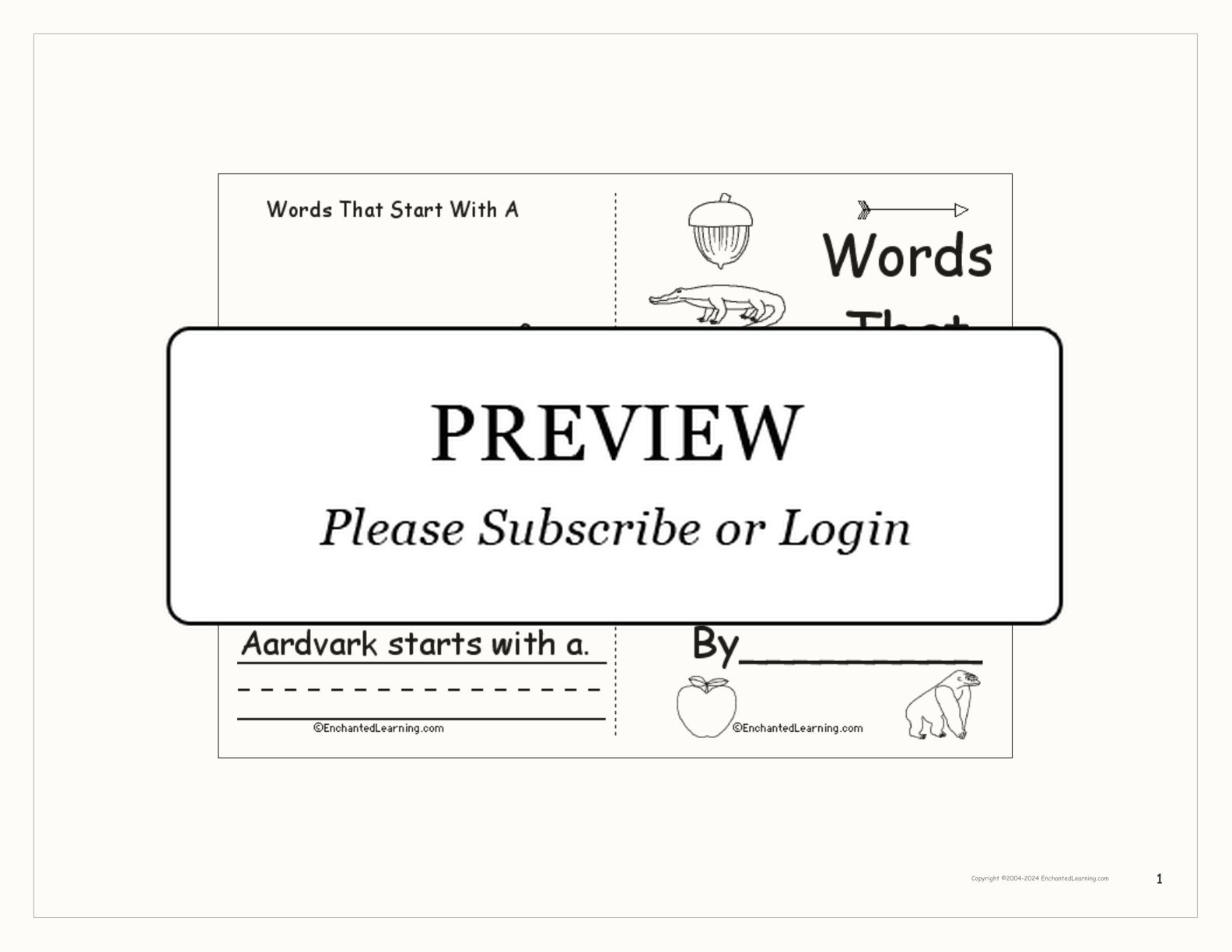 Words That Start With A interactive printout page 1