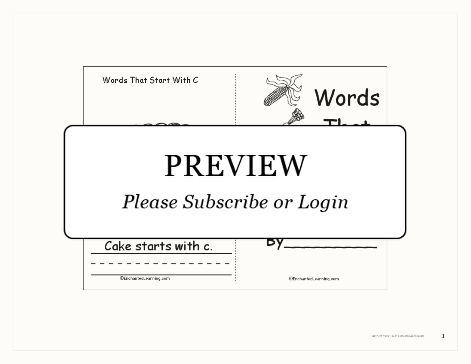 Words That Start With C: A Printable Book interactive printout page 1