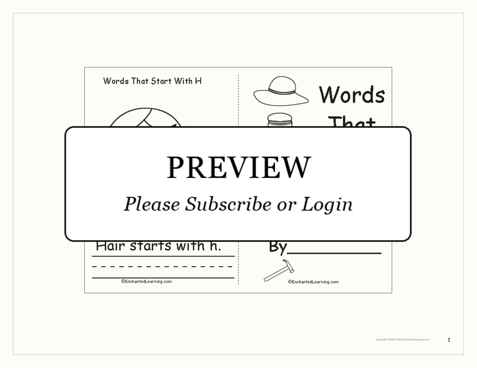 Words That Start With H: A Printable Book interactive printout page 1
