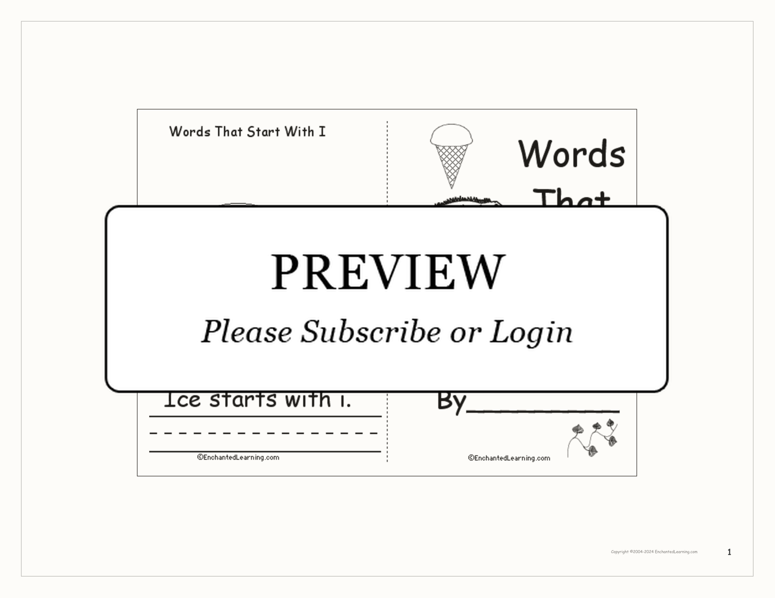 Words That Start With I: A Printable Book interactive printout page 1